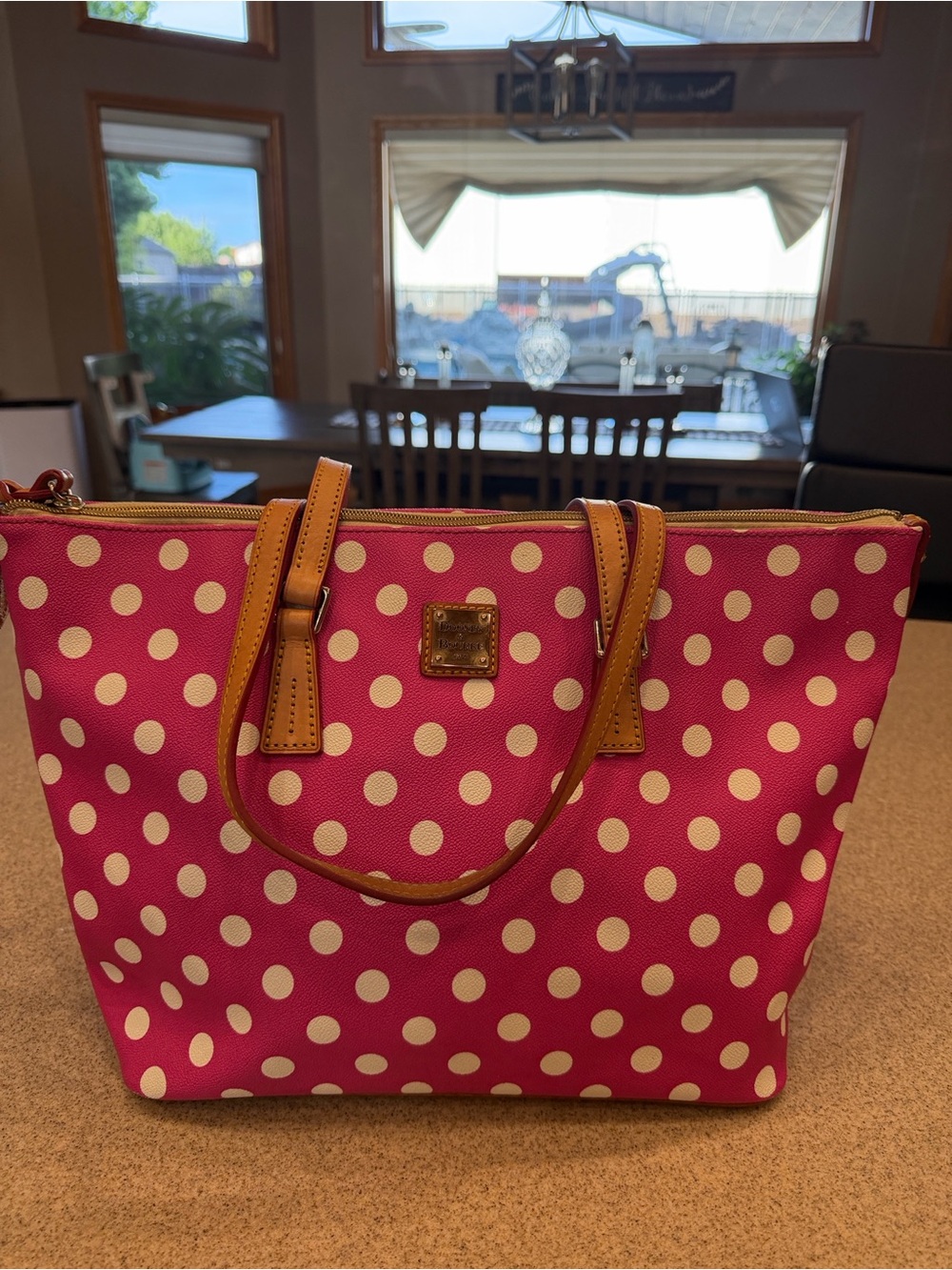 Dooney & Bourke Hot Pink Polka Dot Tote with Tan Trim